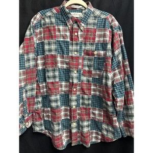 Vintage Orvis Button Up Shirt Men Large Madras Plaid Quilted Patch Work